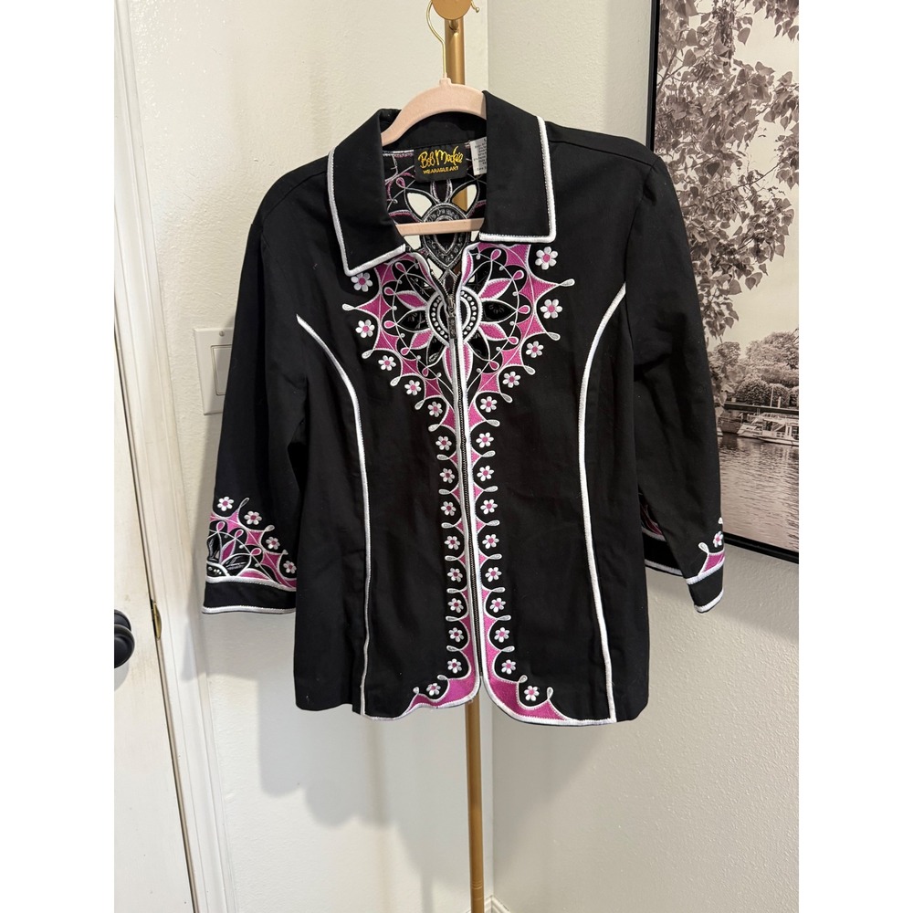 Bob Mackie Wearable Art Black Embroidered Jacket Womens Size L Floral Western‎